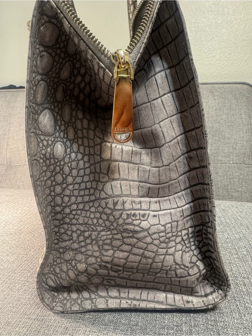Brahmin Medium Metallic Gray Croc-Embossed  Satchel
